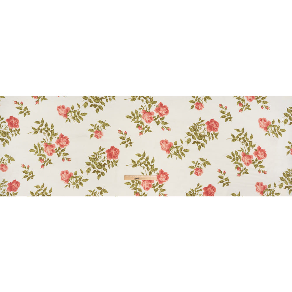 Sustainable Viscose Crepe Print - Coral Pink, Light Olive Green and Cream Large Rose Floral - Full