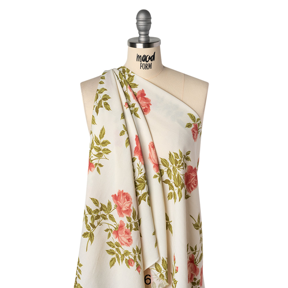 Sustainable Viscose Crepe Print - Coral Pink, Light Olive Green and Cream Large Rose Floral - Drape