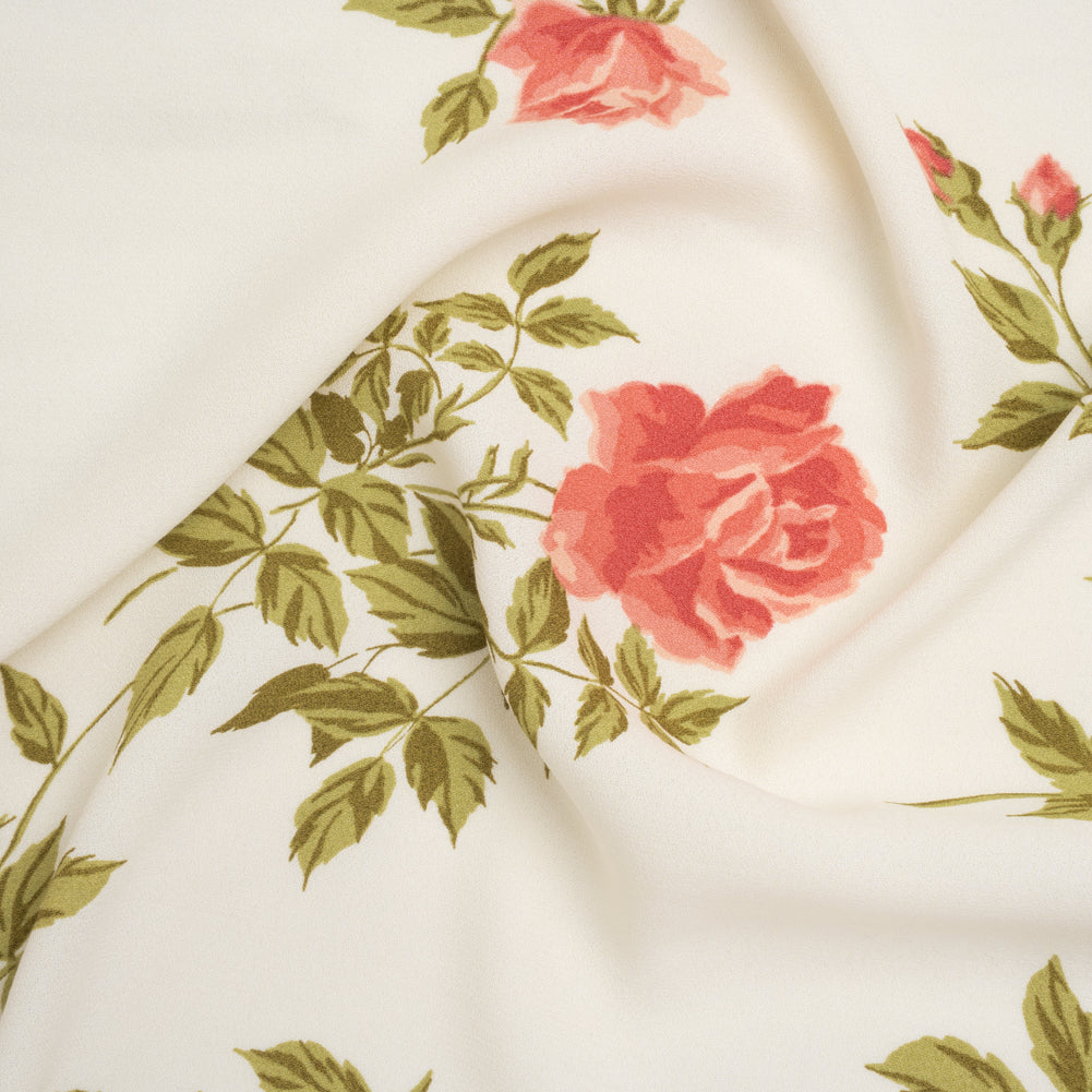 Sustainable Viscose Crepe Print - Coral Pink, Light Olive Green and Cream Large Rose Floral