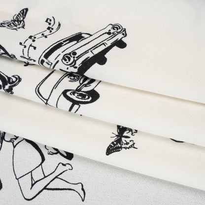 Sustainable Viscose Crepe Print - Jet Black and Light Cream Retro Cars and Ladies Illustration - Designer Deadstock