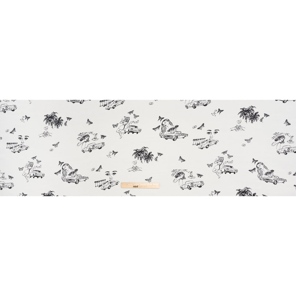 Sustainable Viscose Crepe Print - Jet Black and Light Cream Retro Cars and Ladies Illustration - Designer Deadstock - Full