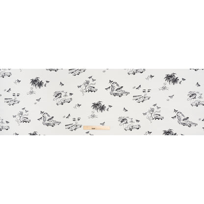 Sustainable Viscose Crepe Print - Jet Black and Light Cream Retro Cars and Ladies Illustration - Designer Deadstock
