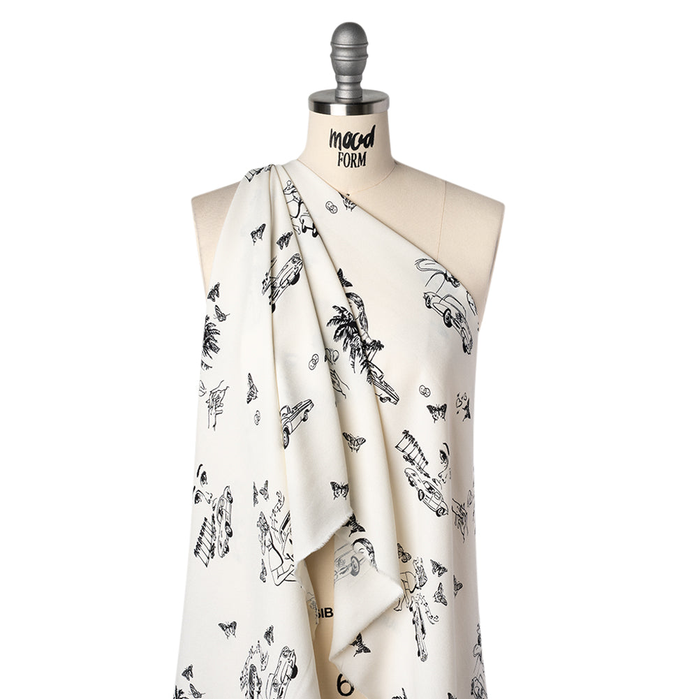 Sustainable Viscose Crepe Print - Jet Black and Light Cream Retro Cars and Ladies Illustration - Designer Deadstock - Drape