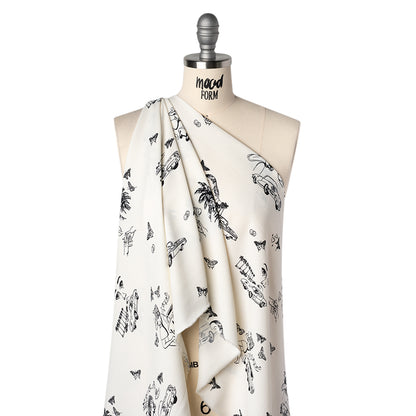 Sustainable Viscose Crepe Print - Jet Black and Light Cream Retro Cars and Ladies Illustration - Designer Deadstock