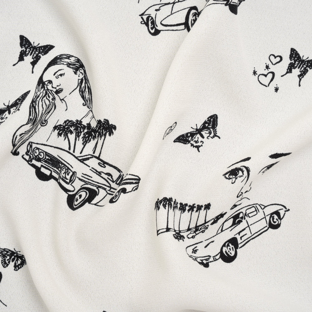 Sustainable Viscose Crepe Print - Jet Black and Light Cream Retro Cars and Ladies Illustration - Designer Deadstock