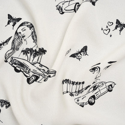 Sustainable Viscose Crepe Print - Jet Black and Light Cream Retro Cars and Ladies Illustration - Designer Deadstock