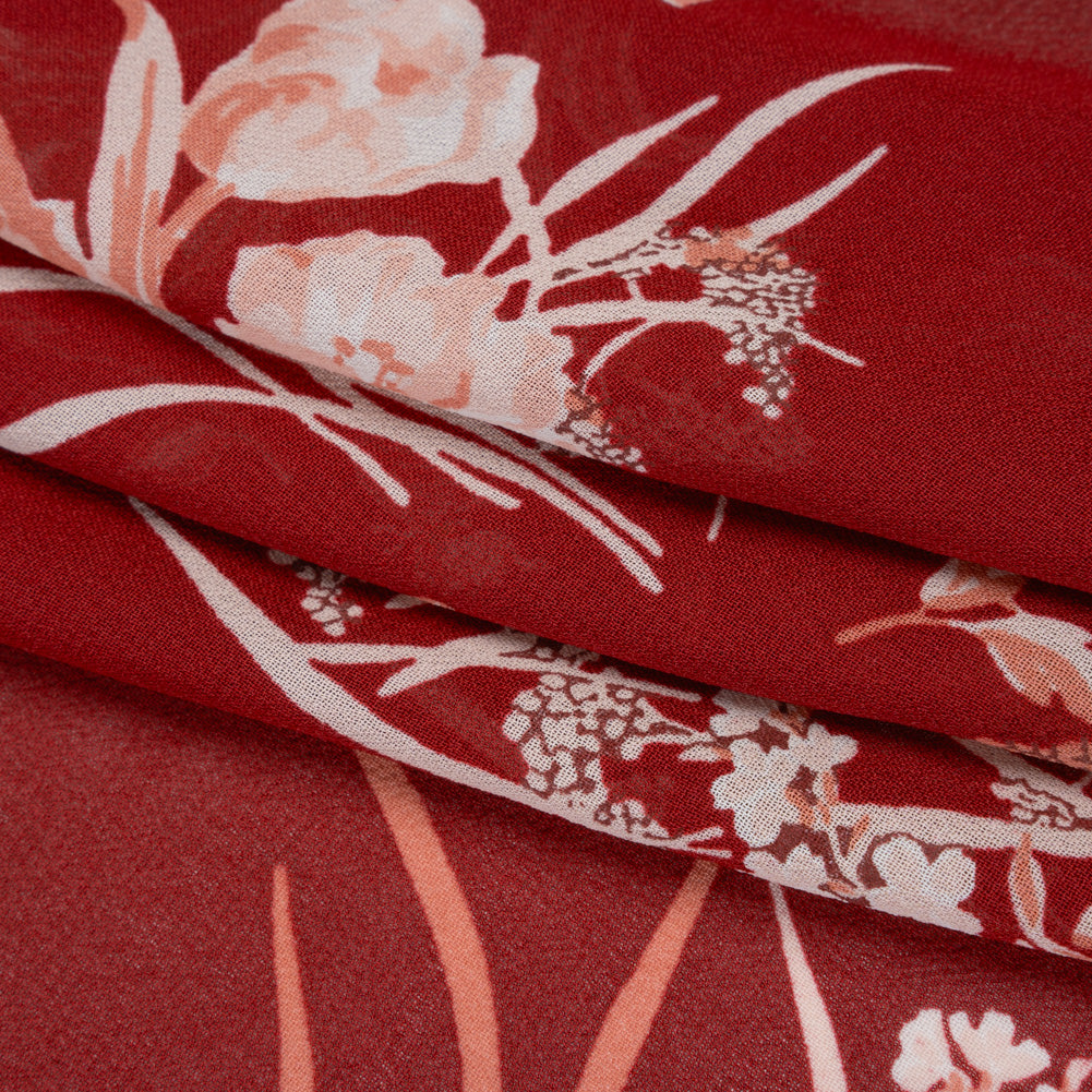 Viscose Georgette Print by The Reformation - Ruby Red, Salmon Pink and Off White Floral - Deadstock - Folded