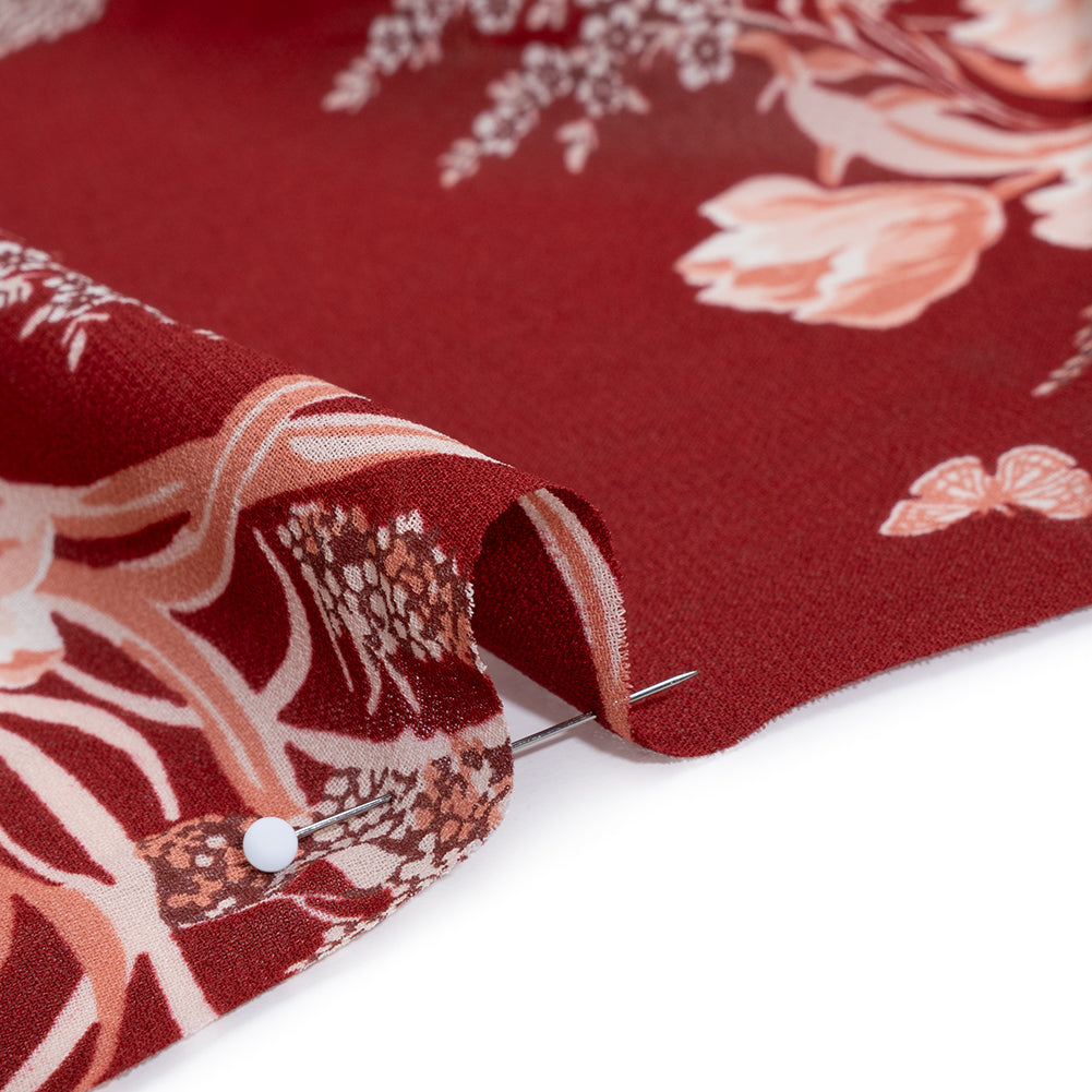 Viscose Georgette Print by The Reformation - Ruby Red, Salmon Pink and Off White Floral - Deadstock - Detail