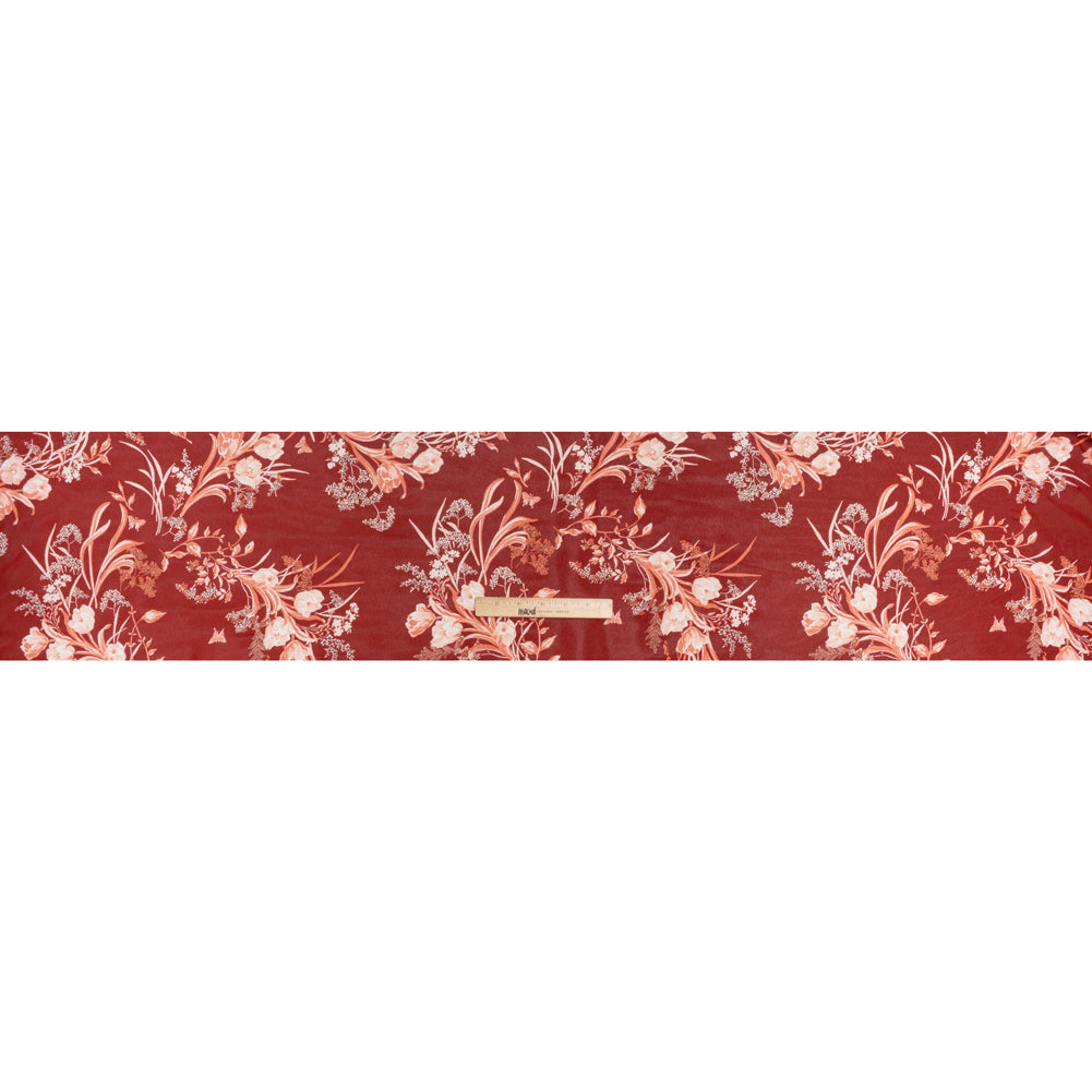 Viscose Georgette Print by The Reformation - Ruby Red, Salmon Pink and Off White Floral - Deadstock - Full