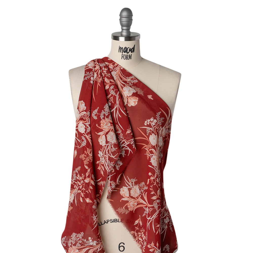 Viscose Georgette Print by The Reformation - Ruby Red, Salmon Pink and Off White Floral - Deadstock - Drape