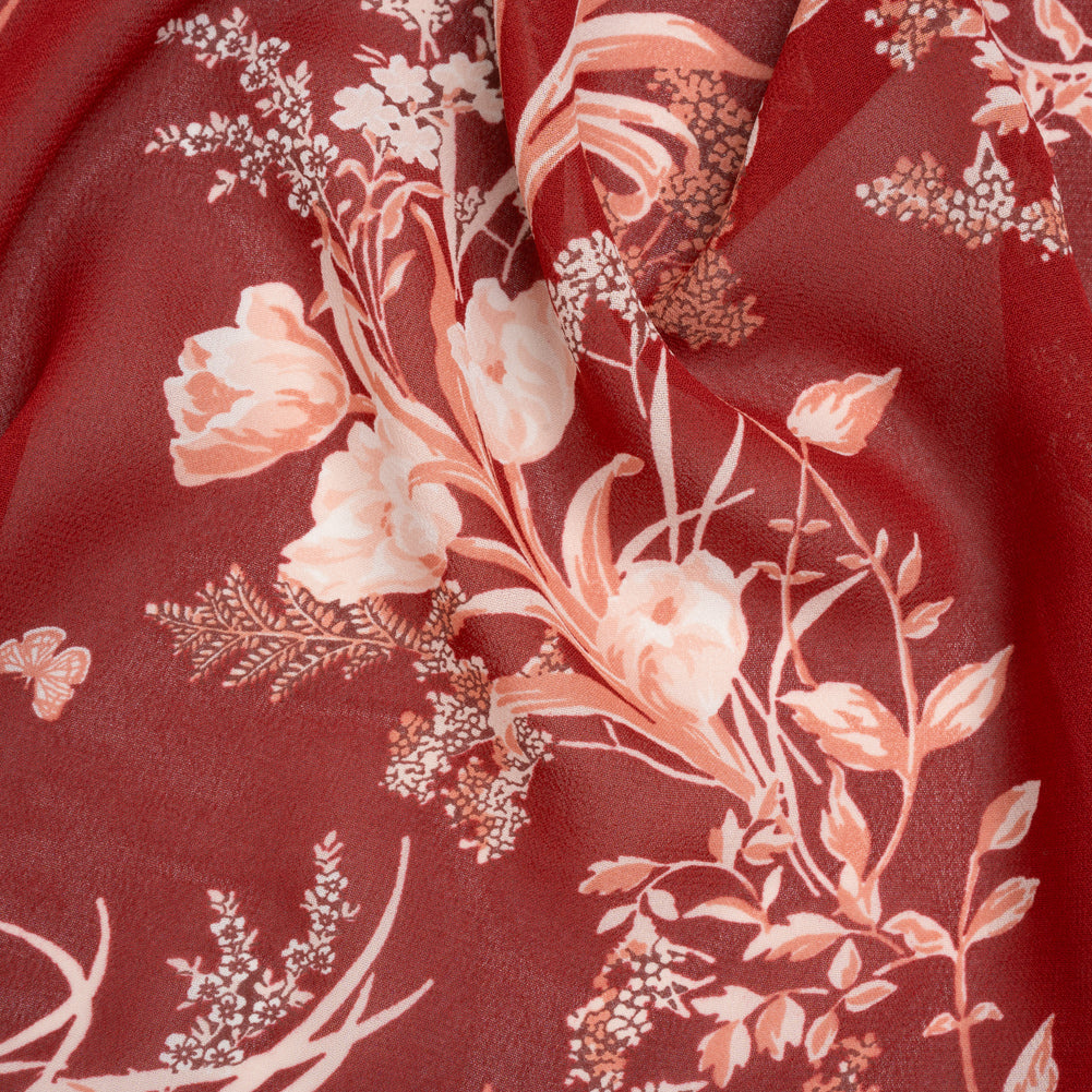 Viscose Georgette Print by The Reformation - Ruby Red, Salmon Pink and Off White Floral - Deadstock