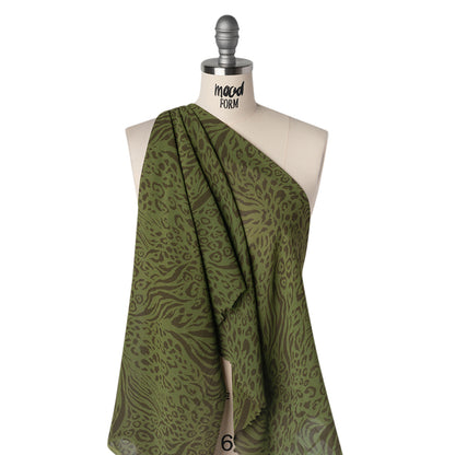 Viscose Georgette Print by The Reformation - Espresso Brown and Jungle Green Abstract Leopard Spots and Zebra Stripes - Deadstock