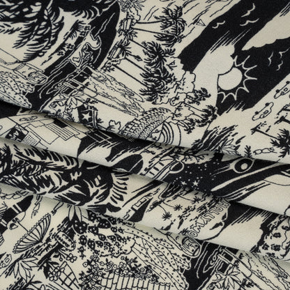 Sustainable Viscose Crepe Print - Black and White Los Angeles Landmarks Illustration - Designer Deadstock