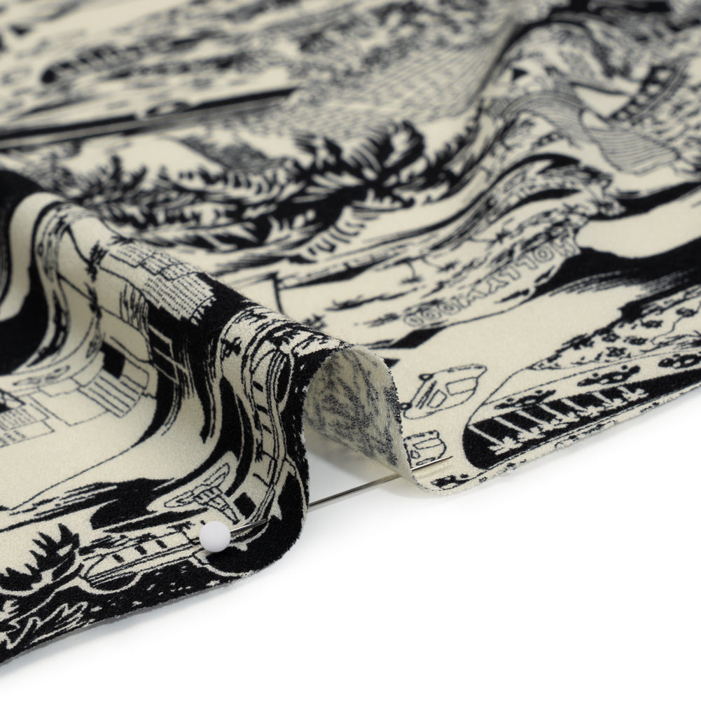 Sustainable Viscose Crepe Print - Black and White Los Angeles Landmarks Illustration - Designer Deadstock - Detail