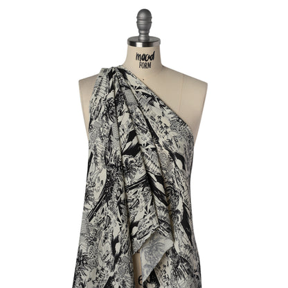 Sustainable Viscose Crepe Print - Black and White Los Angeles Landmarks Illustration - Designer Deadstock