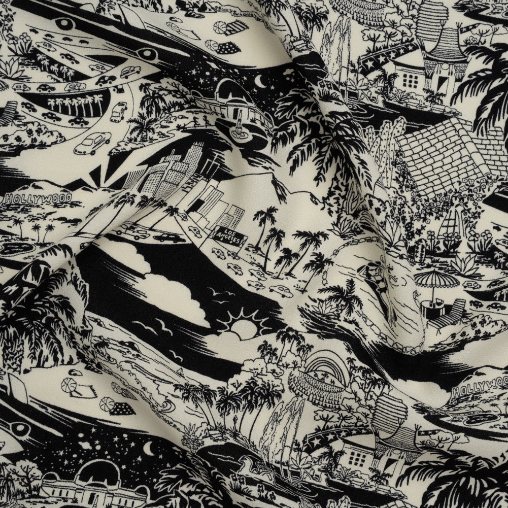 Sustainable Viscose Crepe Print - Black and White Los Angeles Landmarks Illustration - Designer Deadstock