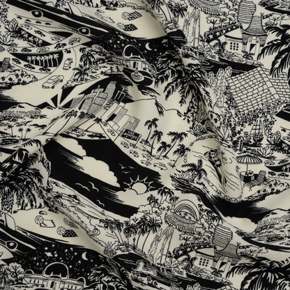 Sustainable Viscose Crepe Print - Black and White Los Angeles Landmarks Illustration - Designer Deadstock
