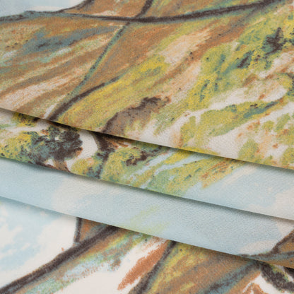 Viscose Georgette Print - Sky Blue, Cinnamon Brown and Chartreuse Green Painterly Western Hills Landscape - Designer Deadstock