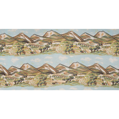 Viscose Georgette Print - Sky Blue, Cinnamon Brown and Chartreuse Green Painterly Western Hills Landscape - Designer Deadstock