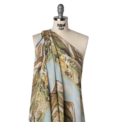 Viscose Georgette Print - Sky Blue, Cinnamon Brown and Chartreuse Green Painterly Western Hills Landscape - Designer Deadstock