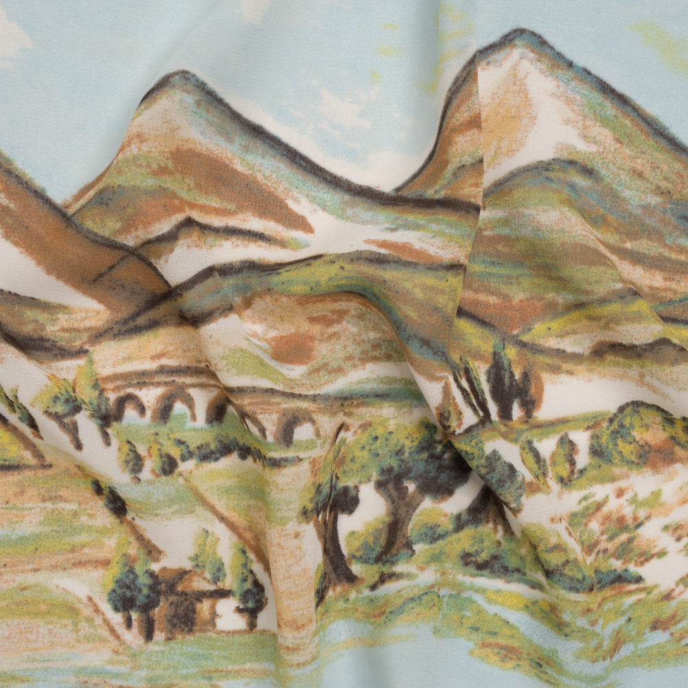 Viscose Georgette Print - Sky Blue, Cinnamon Brown and Chartreuse Green Painterly Western Hills Landscape - Designer Deadstock
