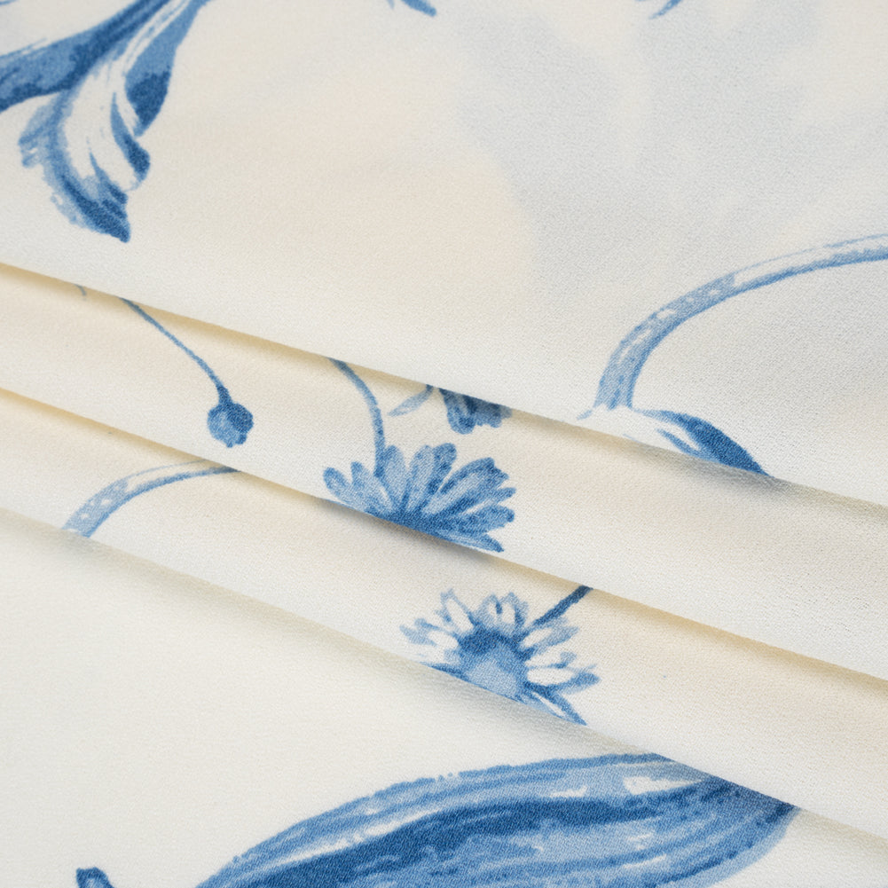 Sustainable Viscose Crepe Print - Denim Blue and White Large Tulip Floral - Designer Deadstock - Folded