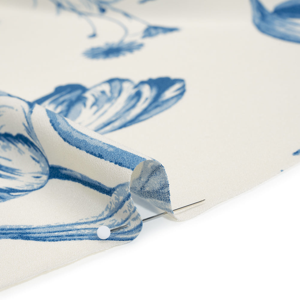 Sustainable Viscose Crepe Print - Denim Blue and White Large Tulip Floral - Designer Deadstock - Detail