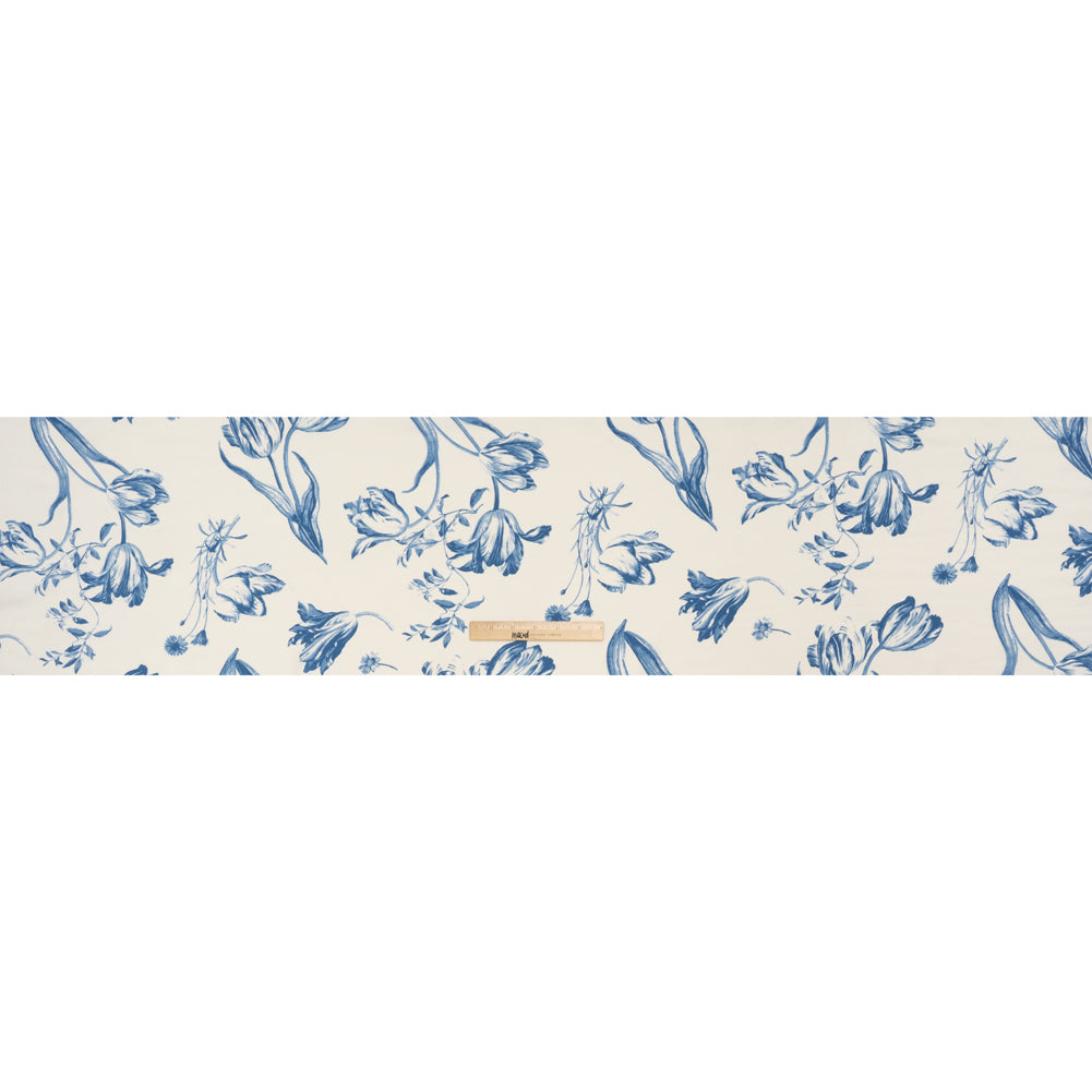 Sustainable Viscose Crepe Print - Denim Blue and White Large Tulip Floral - Designer Deadstock - Full