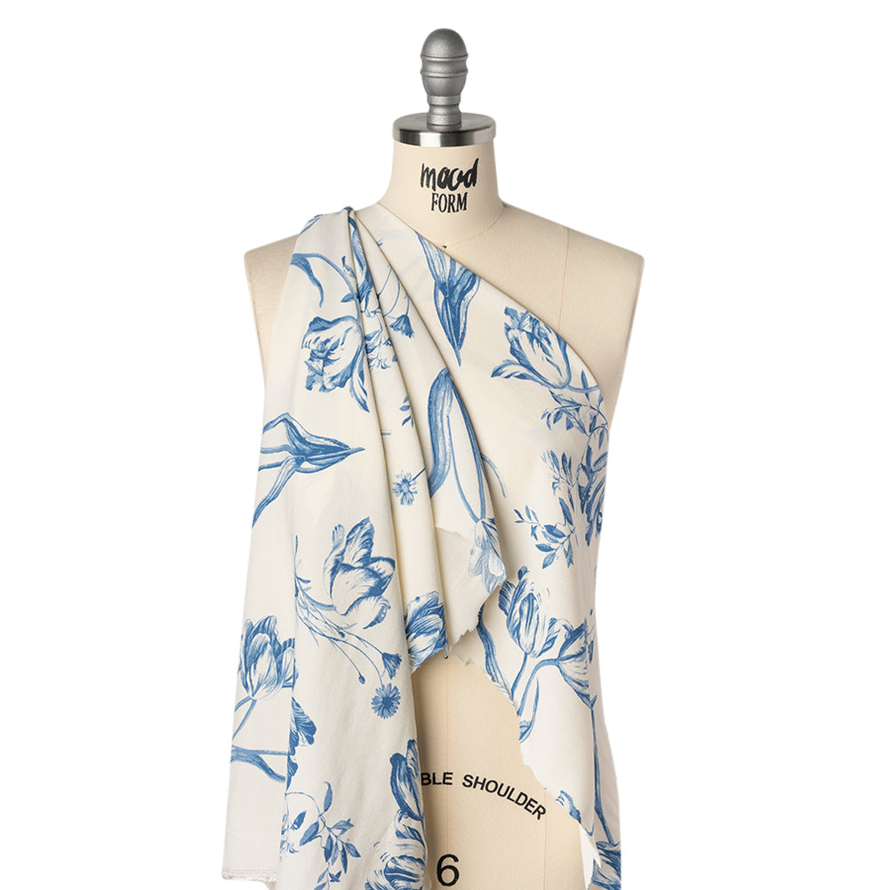 Sustainable Viscose Crepe Print - Denim Blue and White Large Tulip Floral - Designer Deadstock - Drape