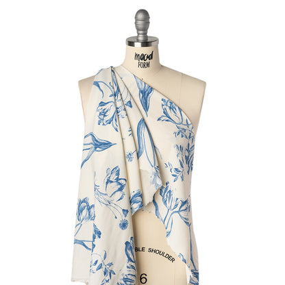 Sustainable Viscose Crepe Print - Denim Blue and White Large Tulip Floral - Designer Deadstock