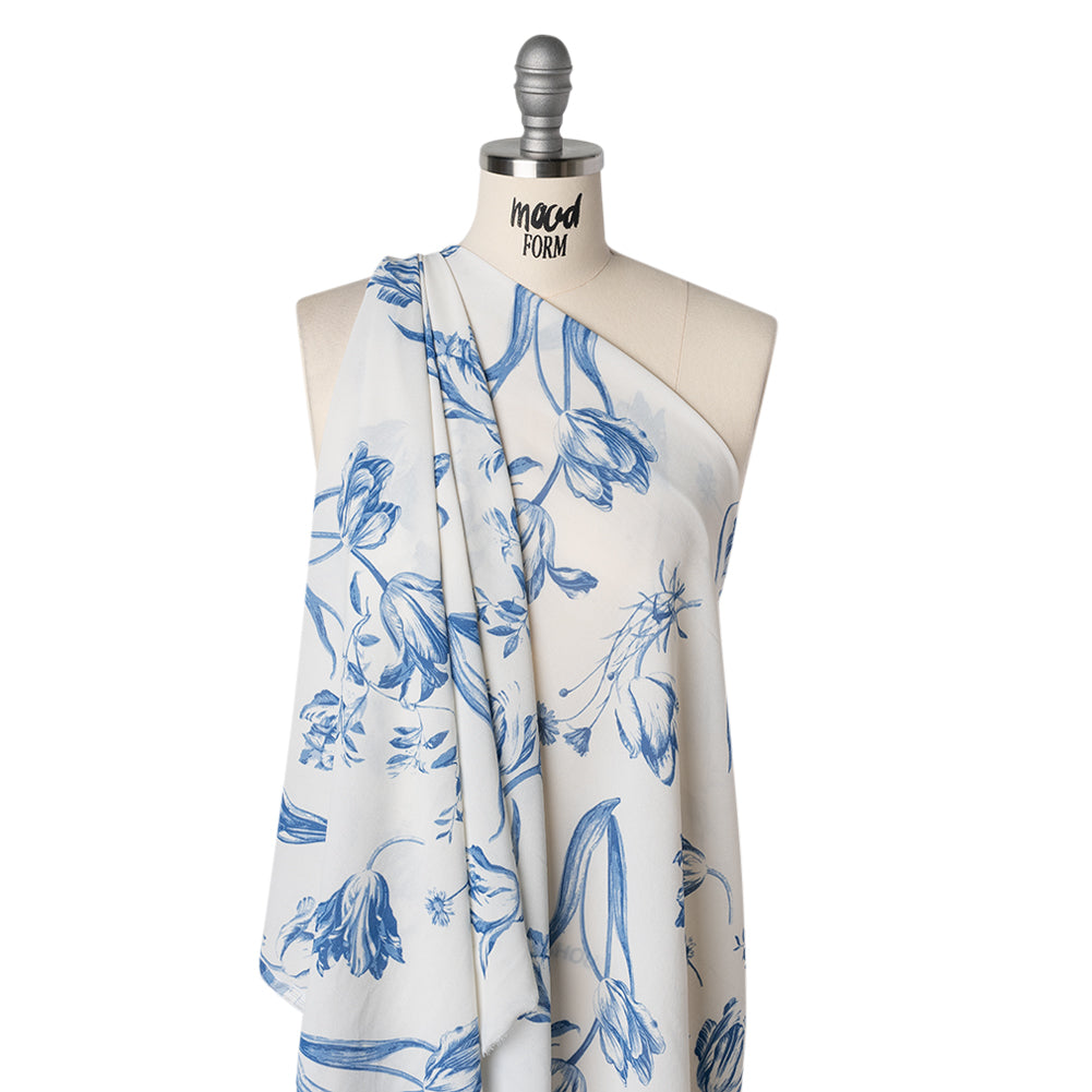 Viscose Georgette Print - Denim Blue and Cream Bold Tulip Floral - Designer Deadstock - Drape