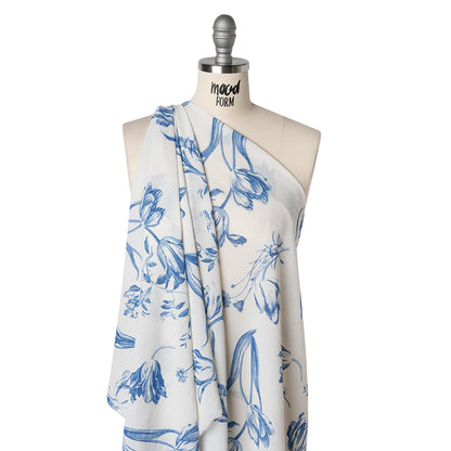 Viscose Georgette Print - Denim Blue and Cream Bold Tulip Floral - Designer Deadstock
