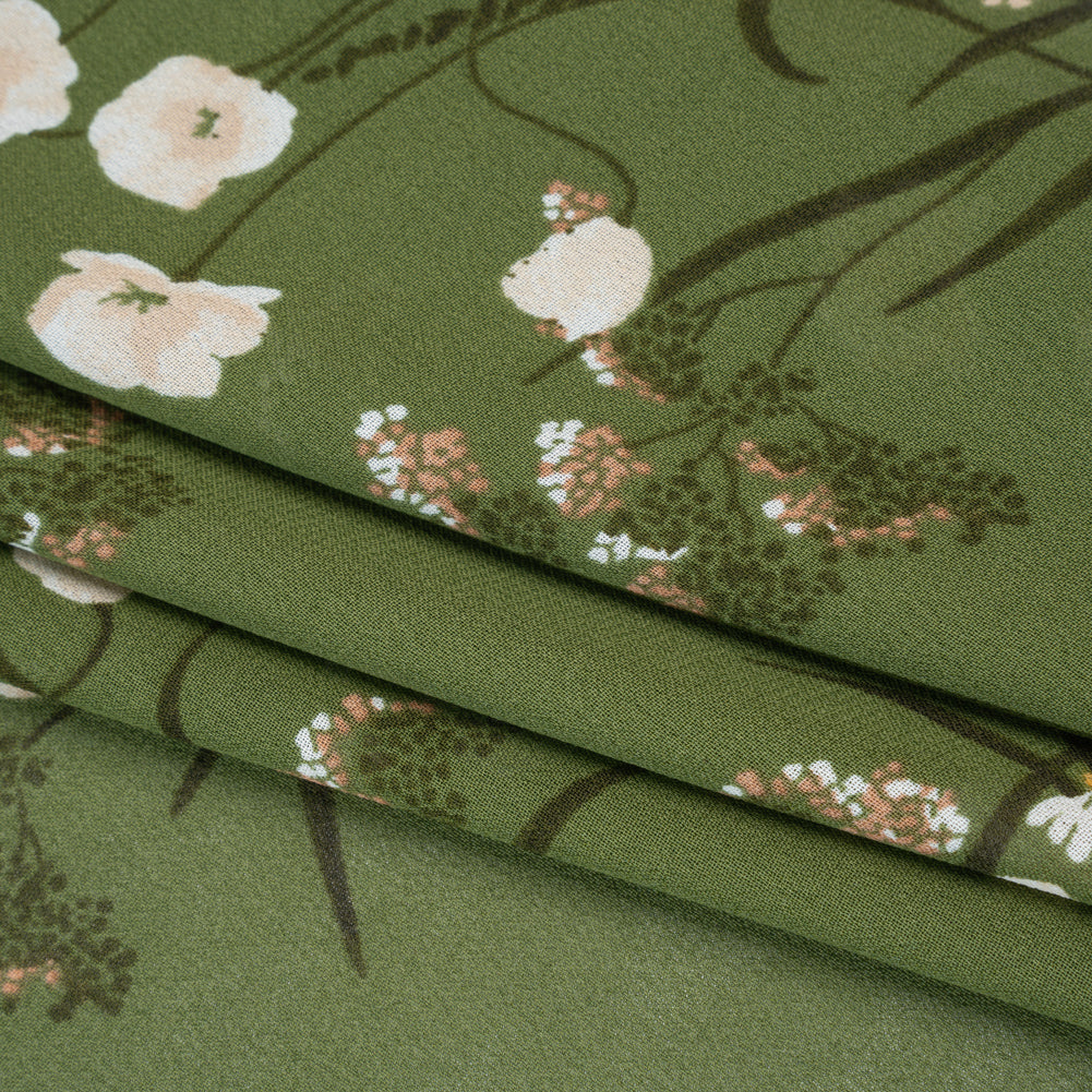 Viscose Georgette Print - Creamy Pink and Fern Green Wildflower Floral - Designer Deadstock - Folded