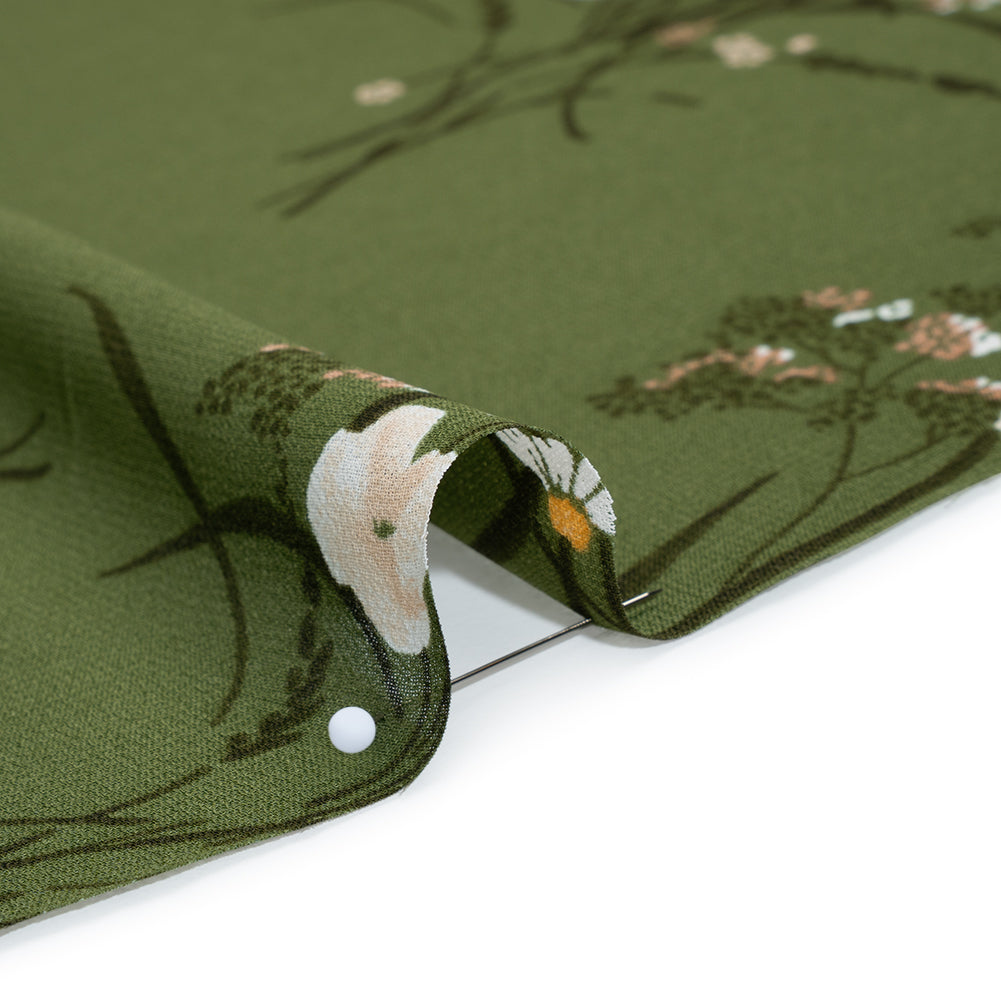 Viscose Georgette Print - Creamy Pink and Fern Green Wildflower Floral - Designer Deadstock - Detail