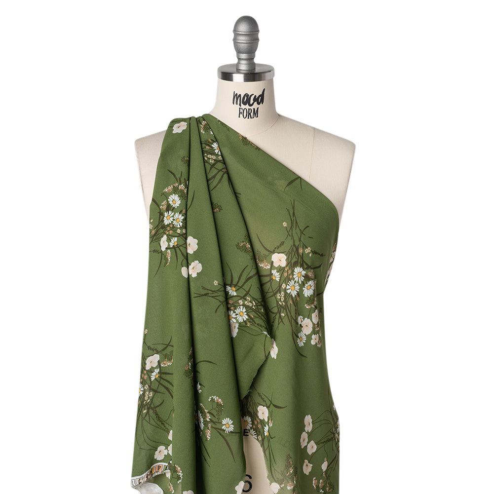 Viscose Georgette Print - Creamy Pink and Fern Green Wildflower Floral - Designer Deadstock - Drape