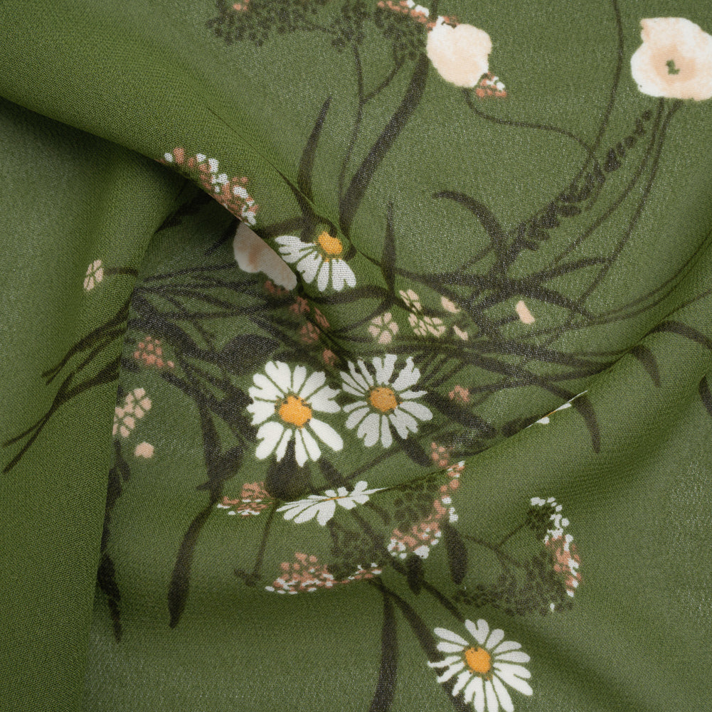 Viscose Georgette Print - Creamy Pink and Fern Green Wildflower Floral - Designer Deadstock