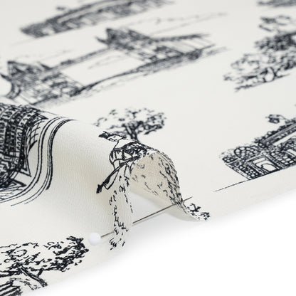 Viscose Georgette Print - Soft Black and Light Cream London Landmarks Illustration - Designer Deadstock