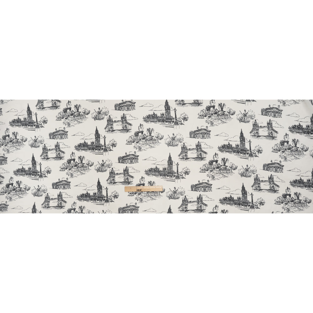 Viscose Georgette Print - Soft Black and Light Cream London Landmarks Illustration - Designer Deadstock - Full