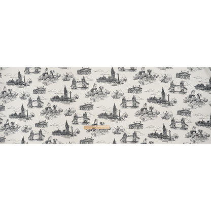 Viscose Georgette Print - Soft Black and Light Cream London Landmarks Illustration - Designer Deadstock