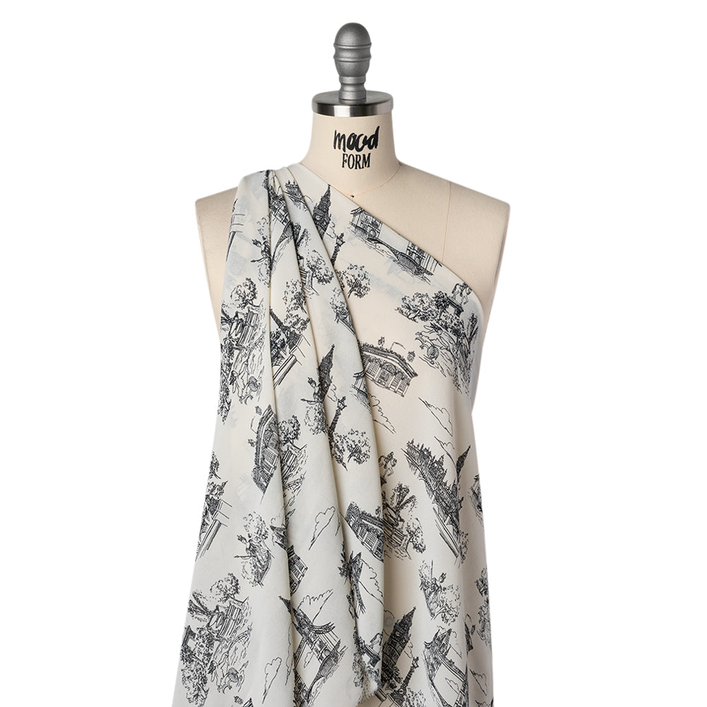 Viscose Georgette Print - Soft Black and Light Cream London Landmarks Illustration - Designer Deadstock - Drape