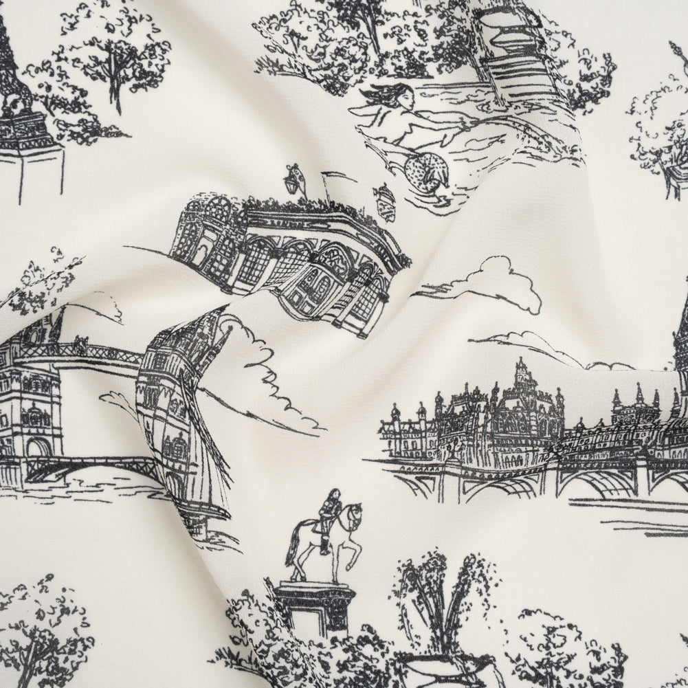 Viscose Georgette Print - Soft Black and Light Cream London Landmarks Illustration - Designer Deadstock