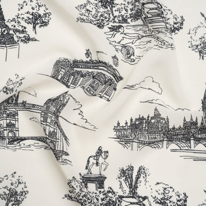 Viscose Georgette Print - Soft Black and Light Cream London Landmarks Illustration - Designer Deadstock