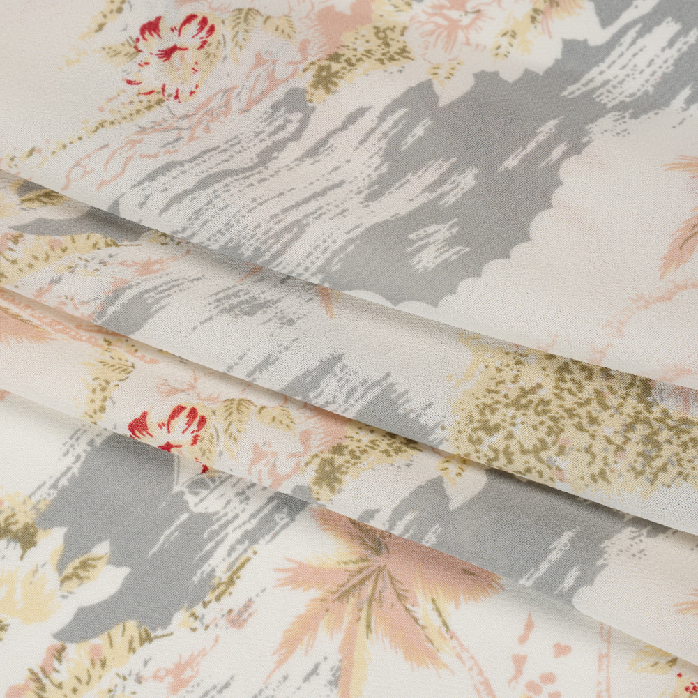 Viscose Georgette Print - Pale Pink, Cloudy Gray and Soft Butter Yellow Tropical Beach Illustration - Designer Deadstock - Folded