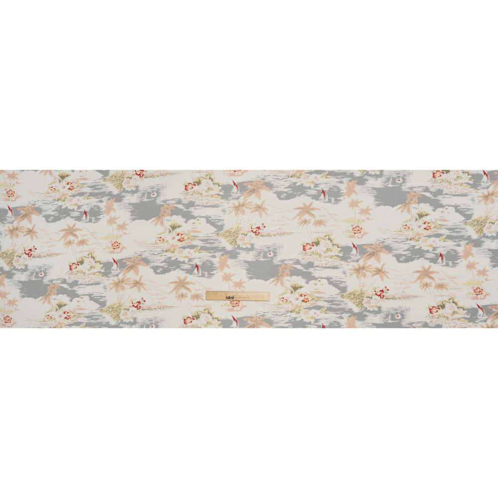 Viscose Georgette Print - Pale Pink, Cloudy Gray and Soft Butter Yellow Tropical Beach Illustration - Designer Deadstock - Full
