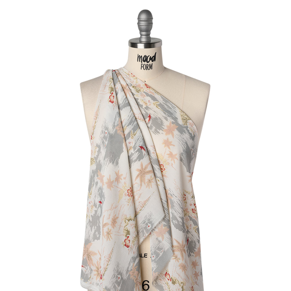 Viscose Georgette Print - Pale Pink, Cloudy Gray and Soft Butter Yellow Tropical Beach Illustration - Designer Deadstock - Drape