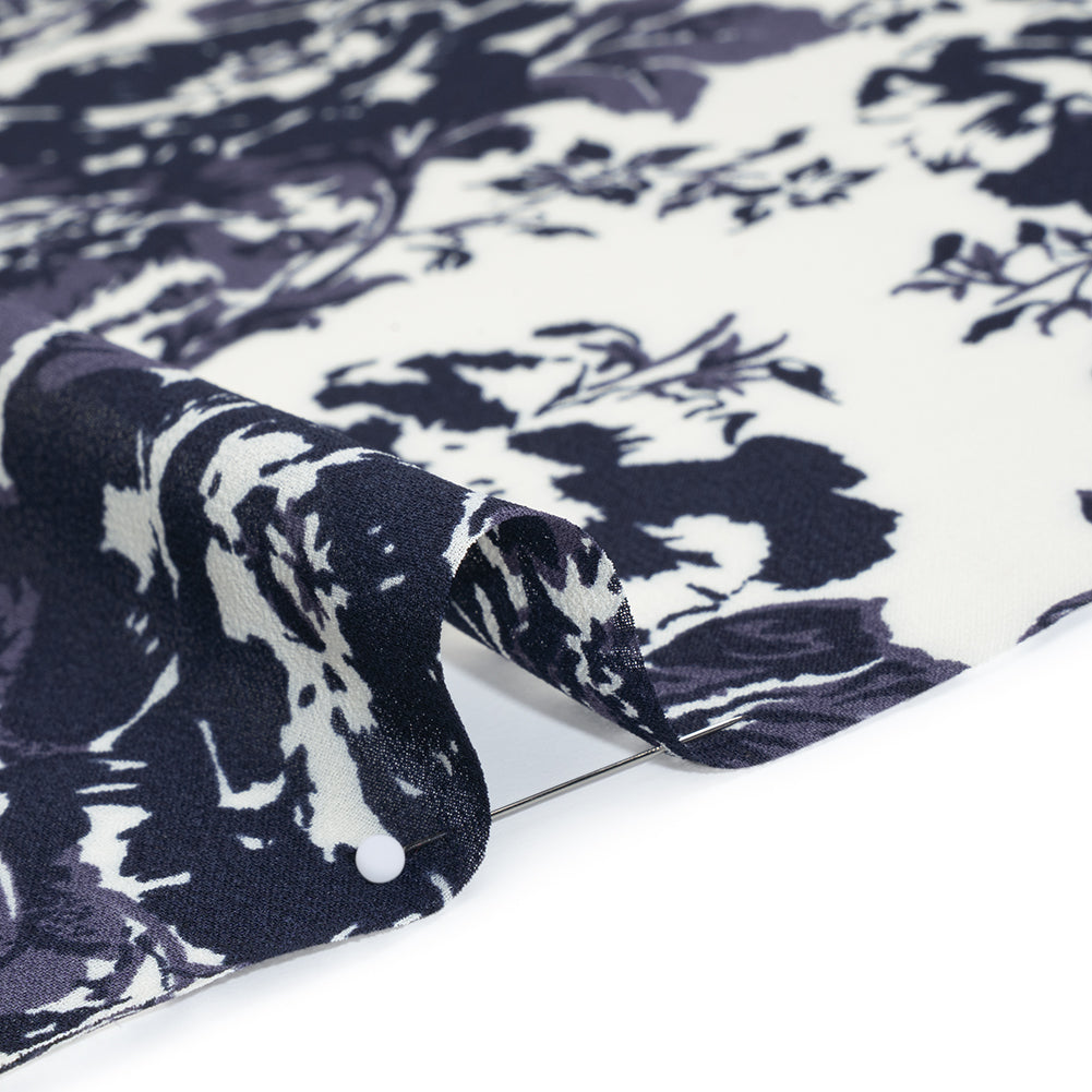 Viscose Georgette Print by The Reformation - Navy Blue and Off White Floral - Deadstock - Detail