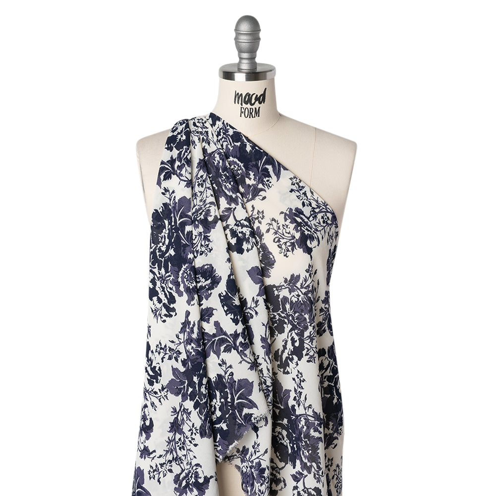 Viscose Georgette Print by The Reformation - Navy Blue and Off White Floral - Deadstock - Drape