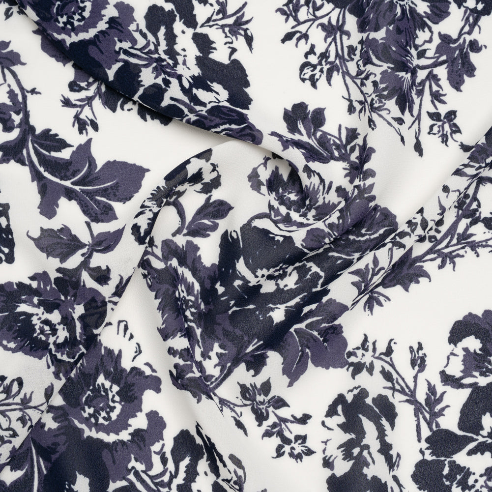 Viscose Georgette Print by The Reformation - Navy Blue and Off White Floral - Deadstock