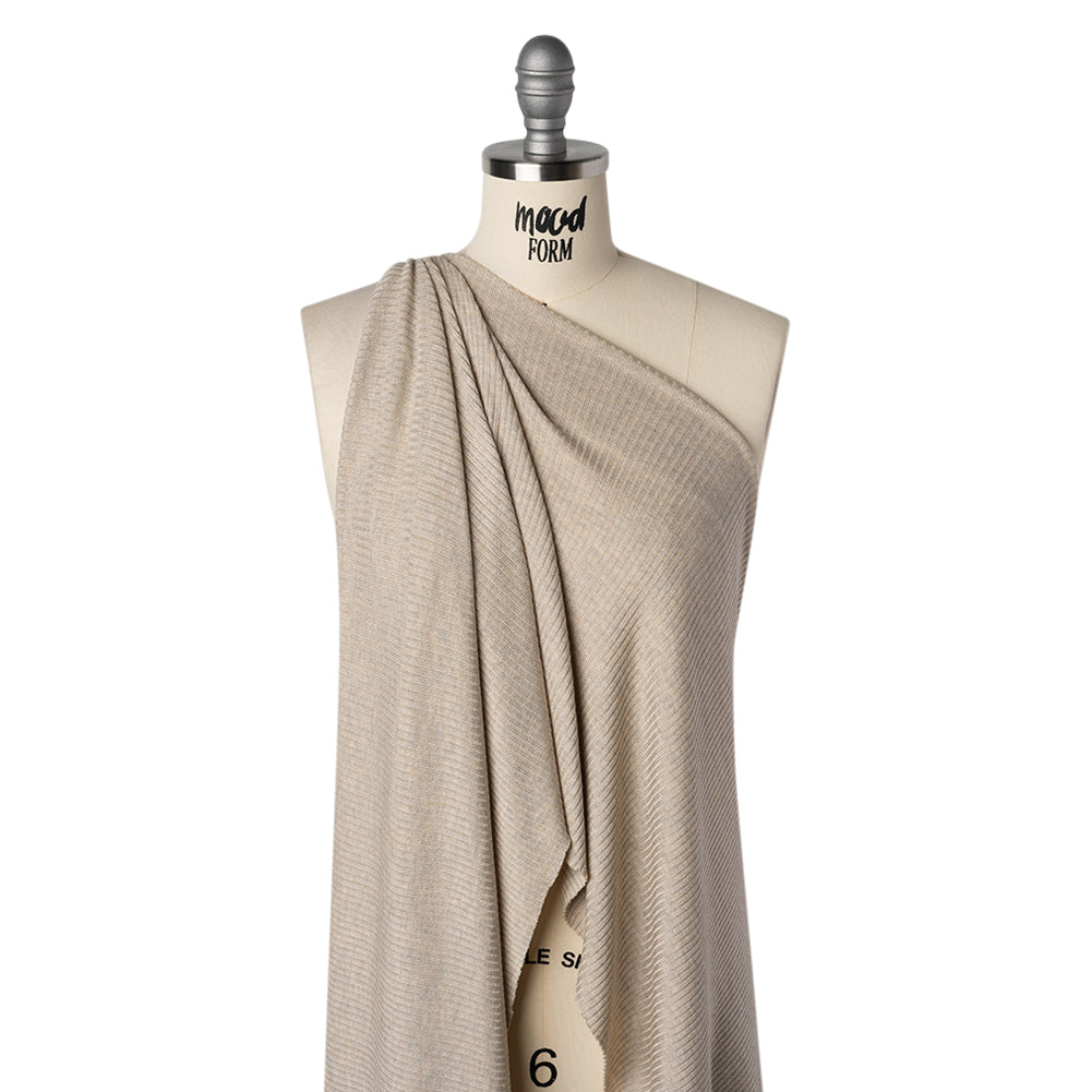 Stretch Tencel Rib Knit - Heathered Wheat Tan - Designer Deadstock - Drape