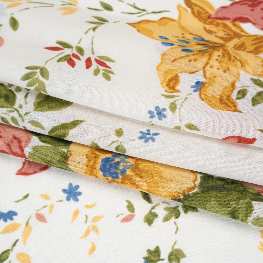 Viscose Georgette Print - Marigold Yellow, Salmon Pink and Sapphire Blue Floral - Designer Deadstock - Folded